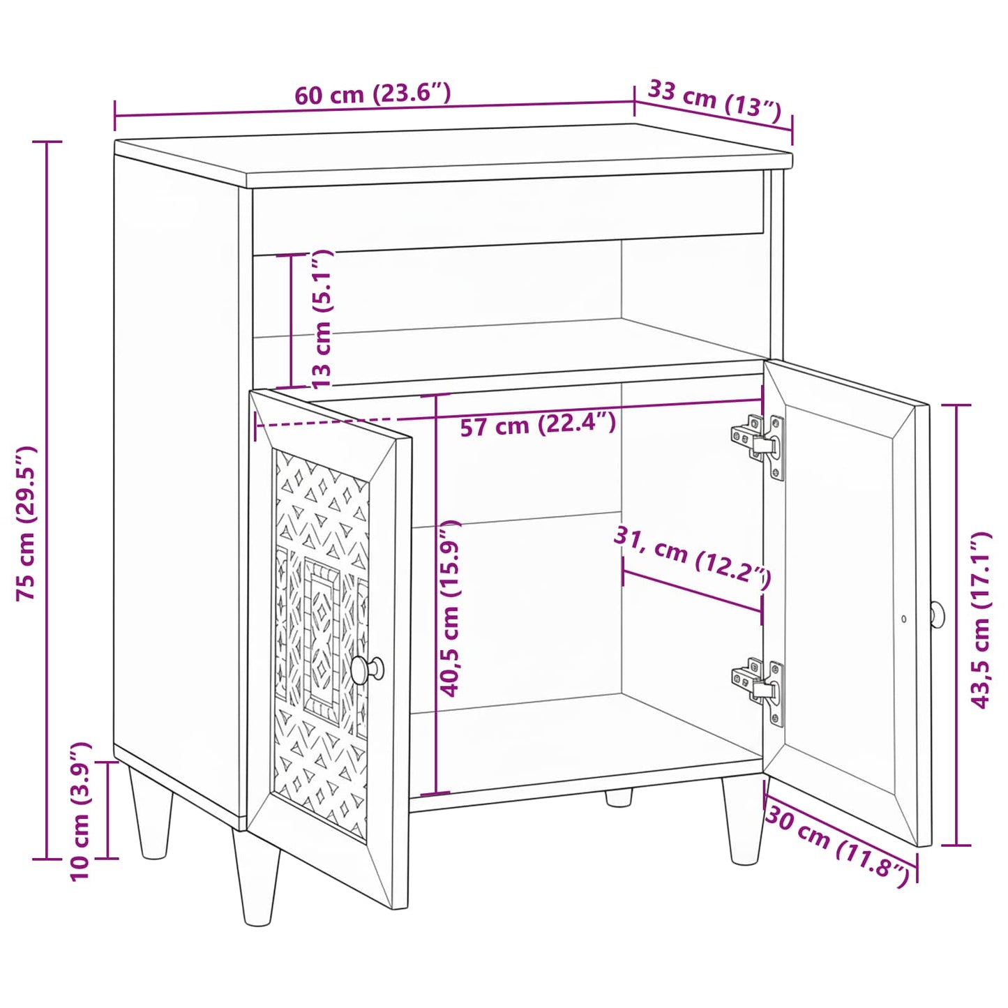 Sideboard Bleached White 60 x 33 x 75 cm Solid Mango Wood