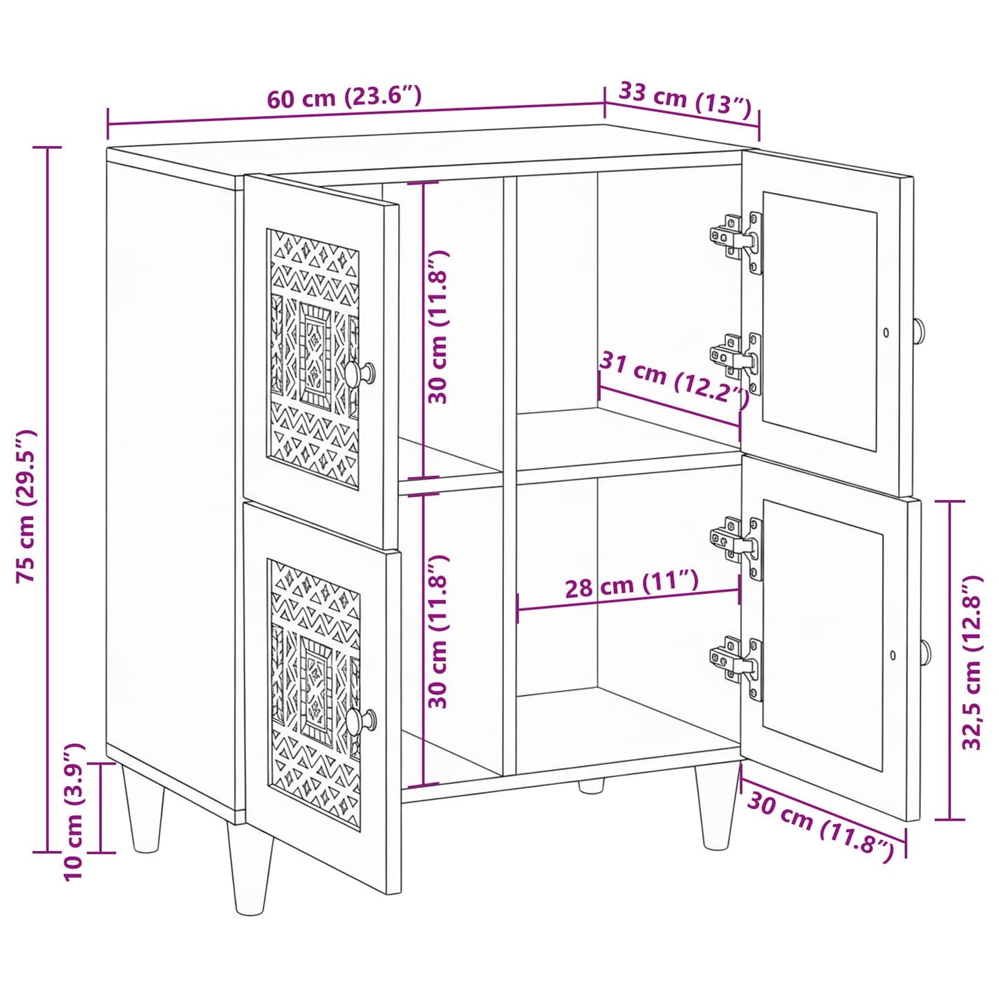 Sideboard Bleached White 60 x 33 x 75 cm Solid Mango Wood