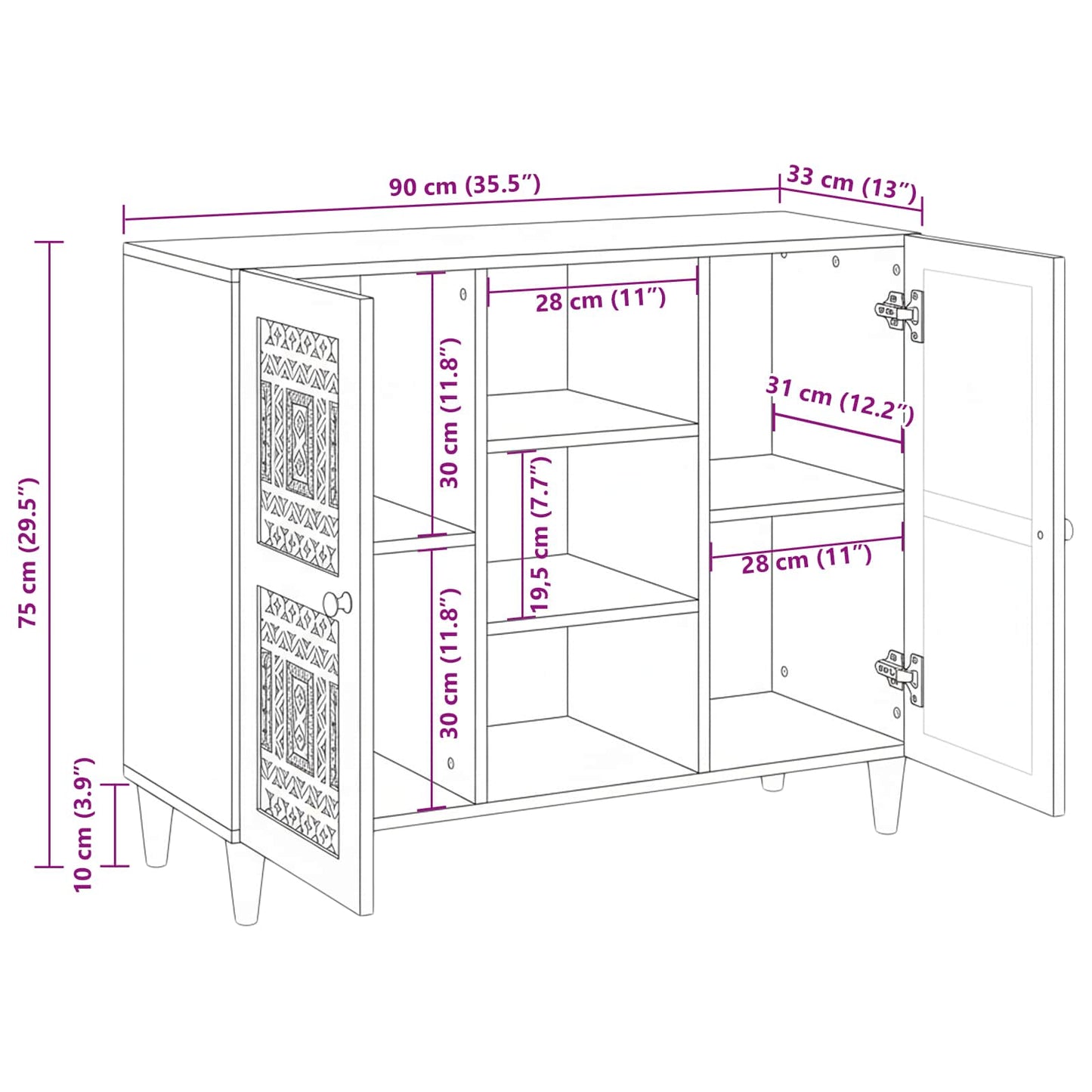 Sideboard Bleached White 90 x 33 x 75 cm Solid Mango Wood