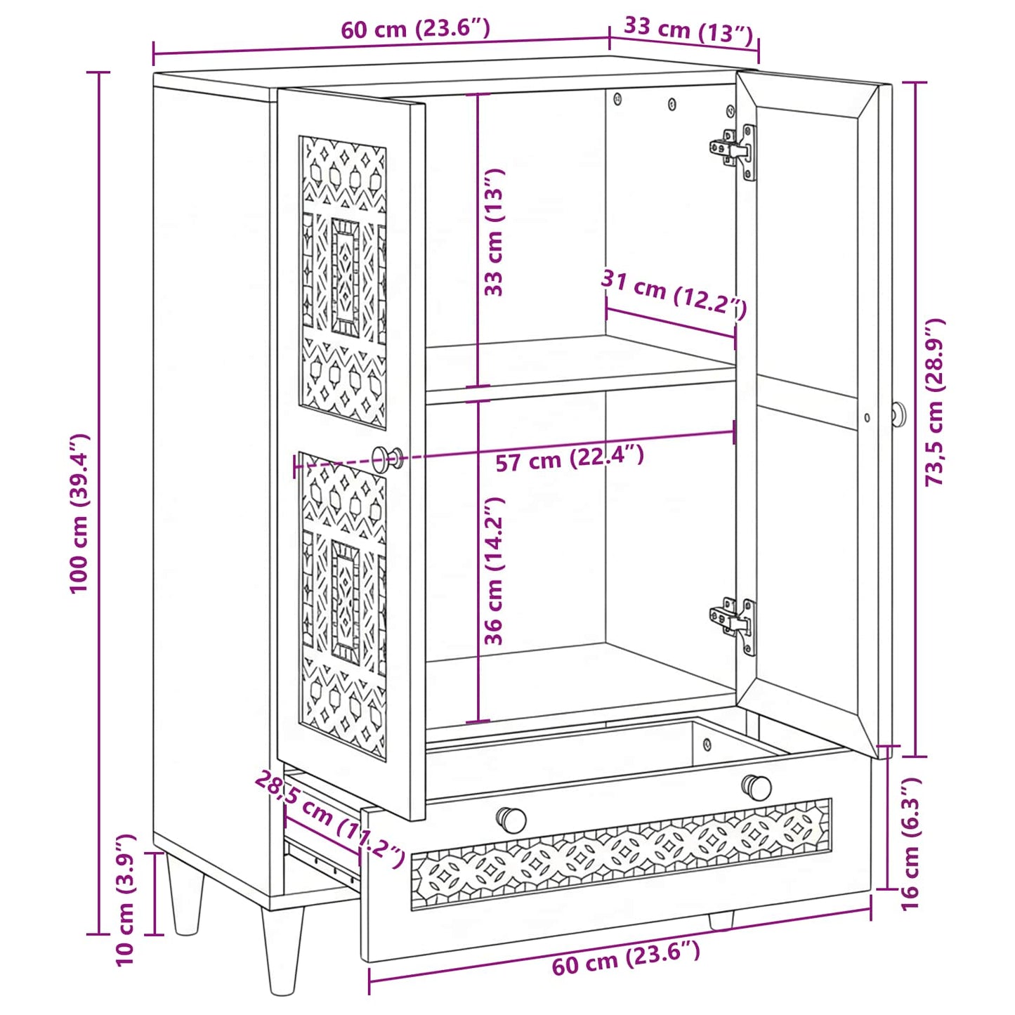 Highboard White 60 x 33 x 100 cm Solid mango wood