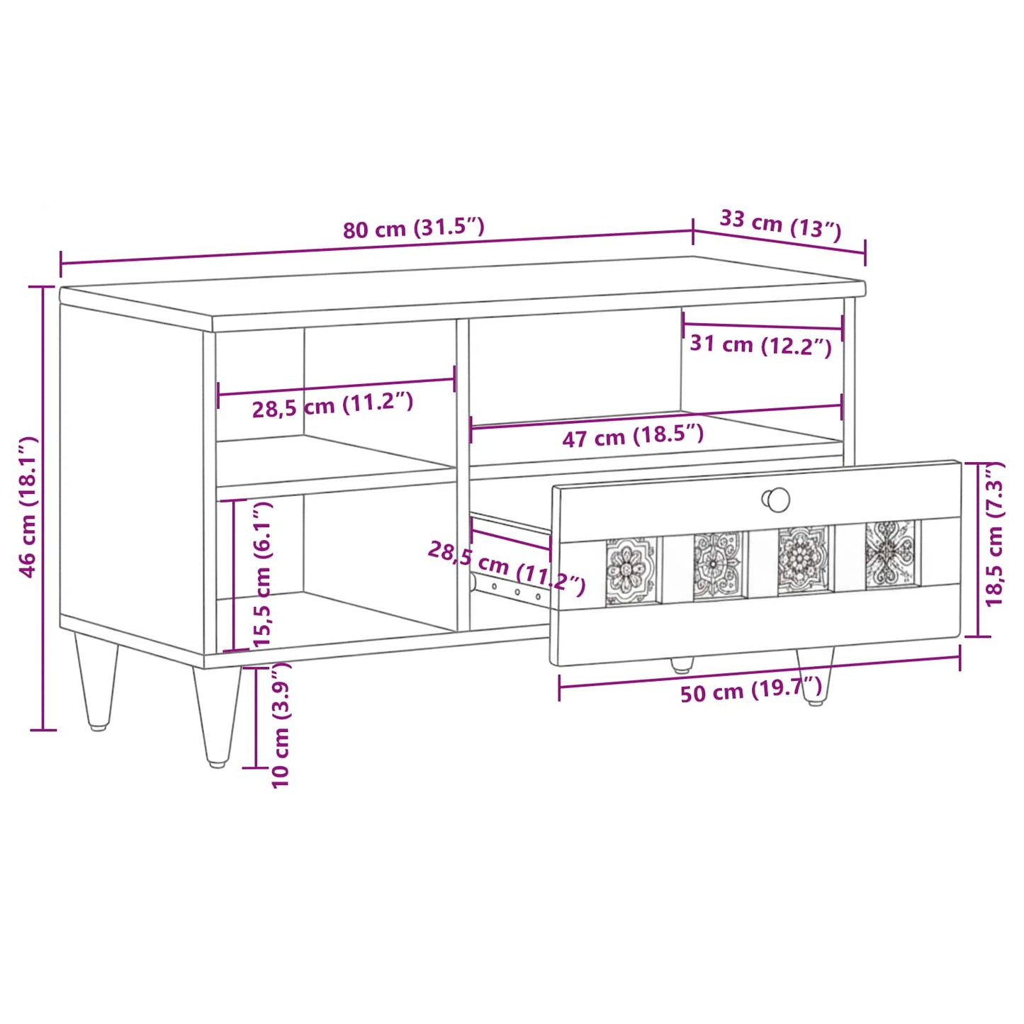 TV Cabinet with Drawer Walnut 80 x 33 x 46 cm Solid Mango Wood