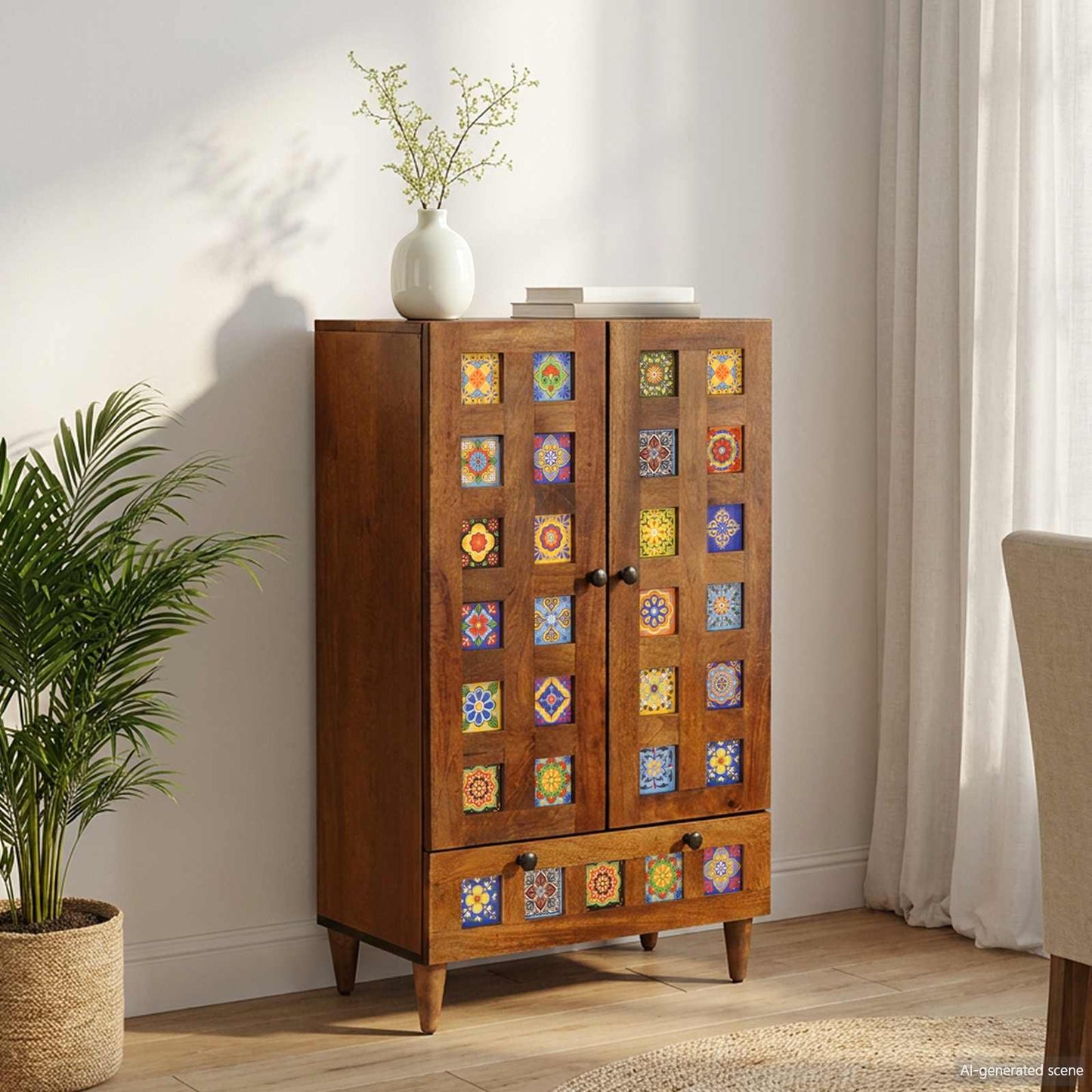 Highboard with Door Walnut 60 x 33.5 x 100 cm Solid Mango Wood