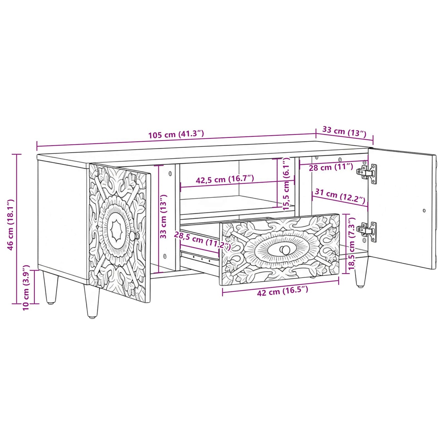 TV Cabinet with Door Brown 105 x 33.5 x 46 cm Solid Mango Wood