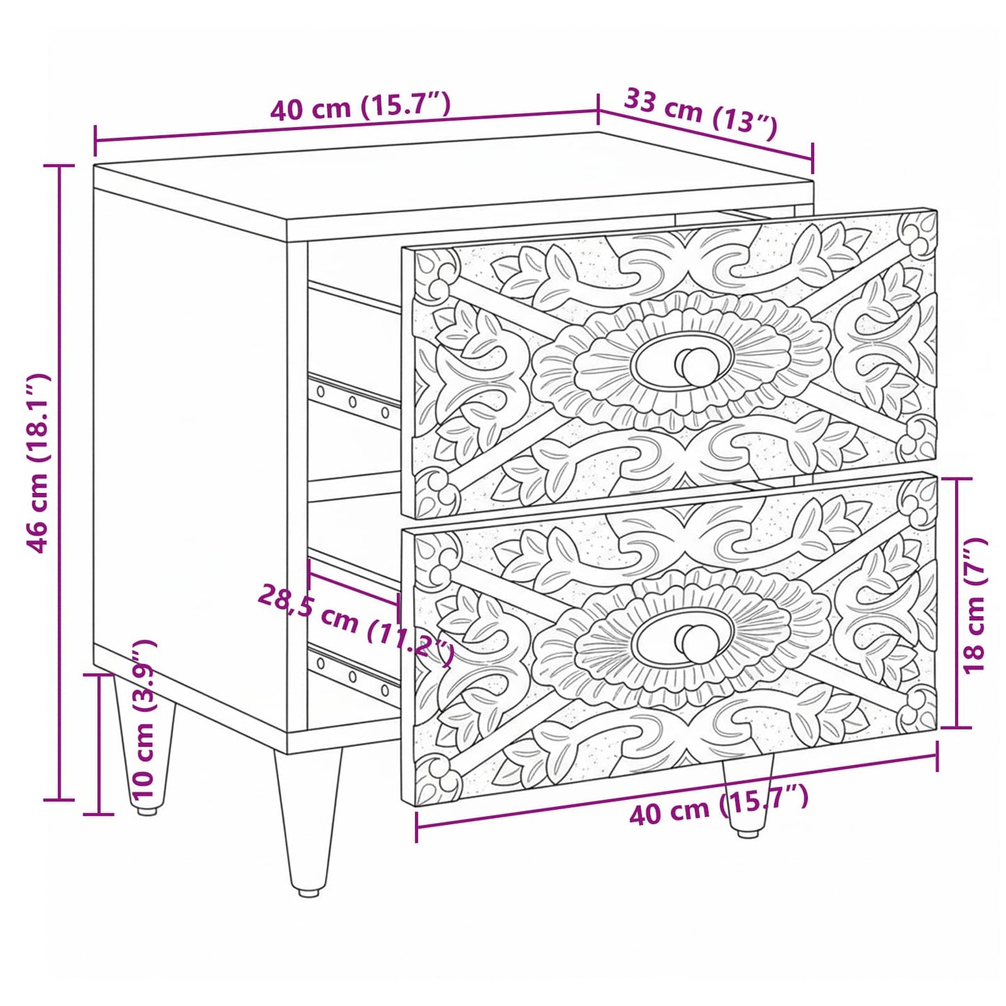 Bedside Cabinet White 40 x 33.5 x 46 cm Solid Mango Wood