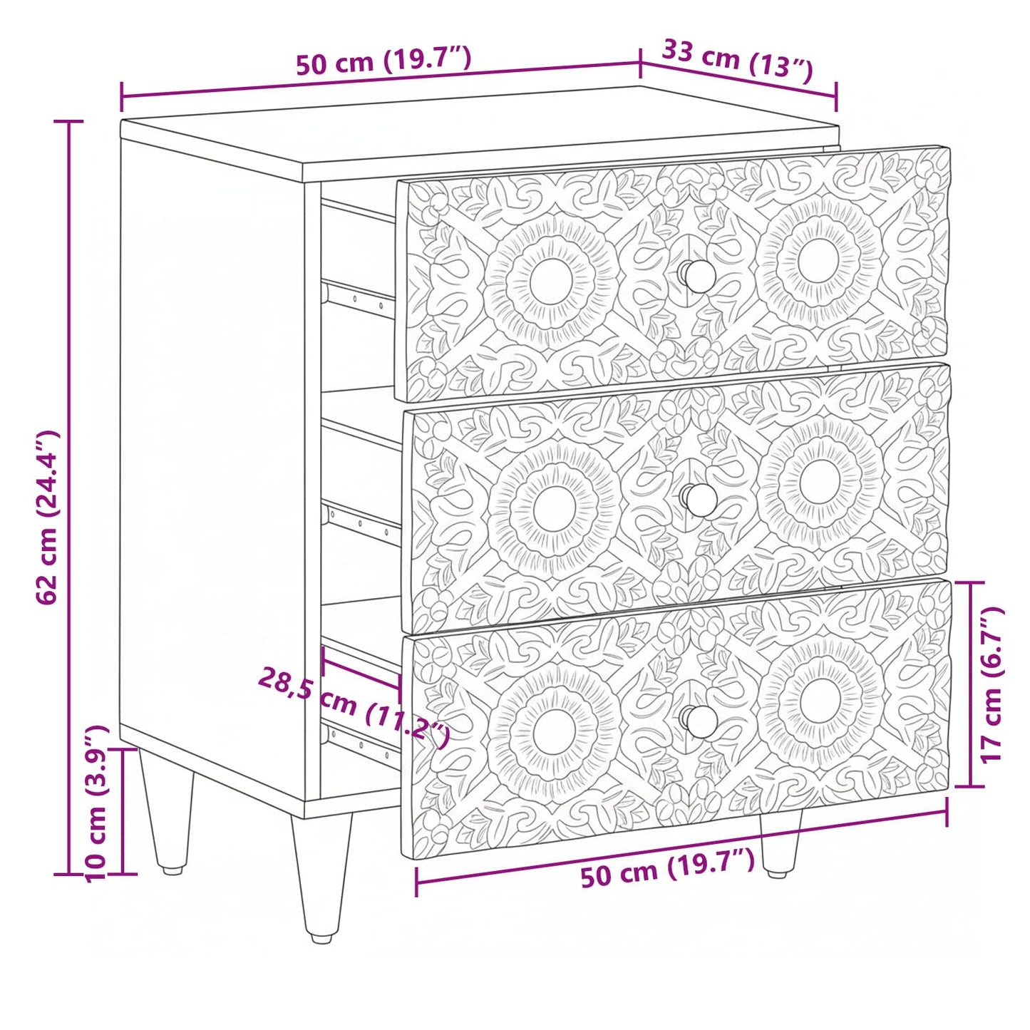 Bed cabinet with Drawer White 50 x 33 x 60 cm Solid Mango Wood