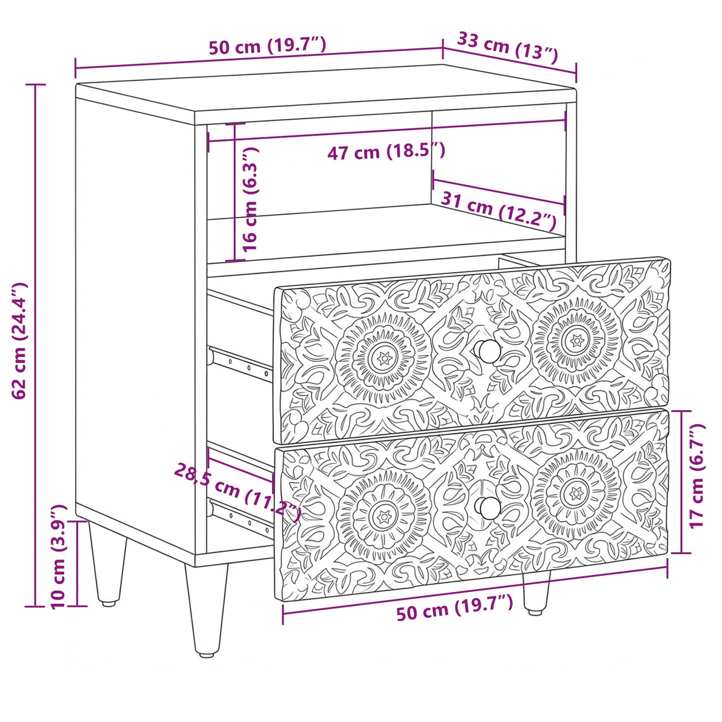 Bed cabinet with Drawer White 50 x 33 x 60 cm Solid Mango Wood