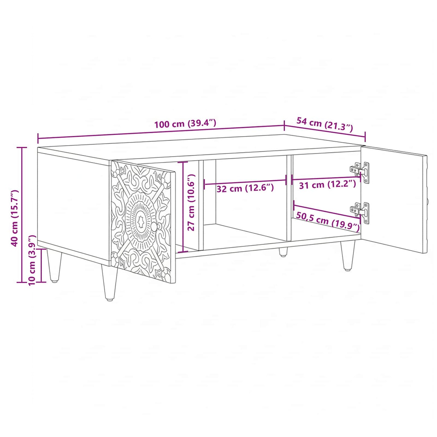 Coffee Table White 100 x 54 x 40 cm Solid Mango Wood
