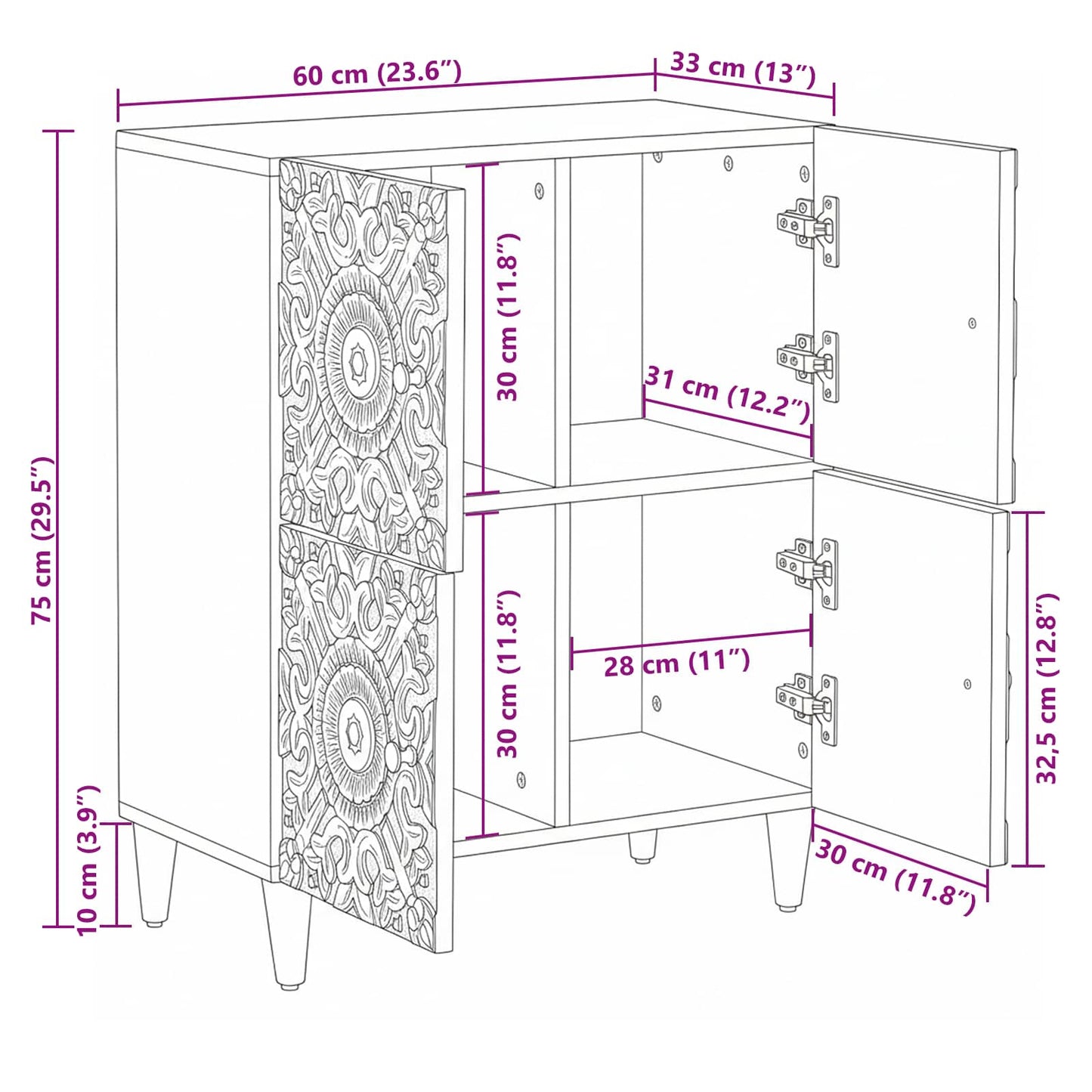 Sideboard with Storage White 60 x 33.5 x 75 cm Solid Mango Wood