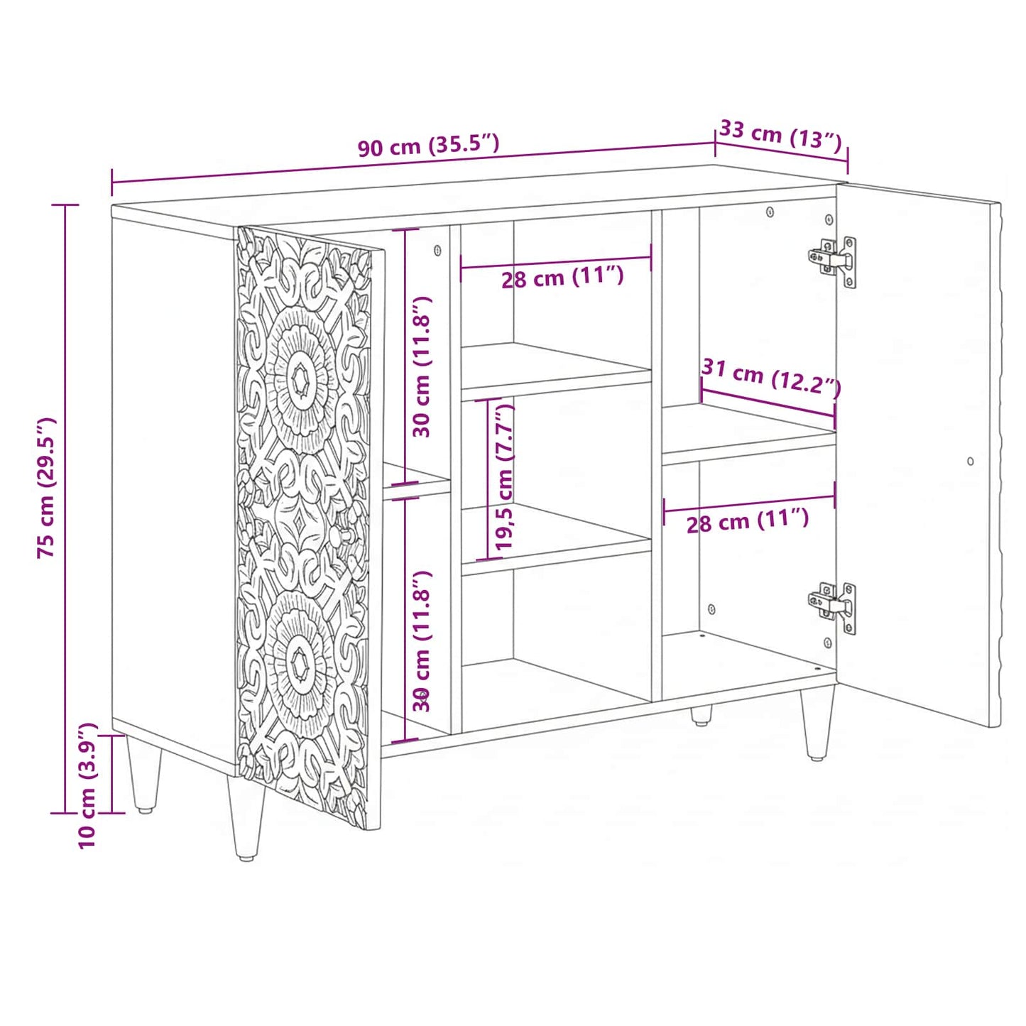 Sideboard with Shelf White 90 x 33.5 x 75 cm Solid Mango Wood