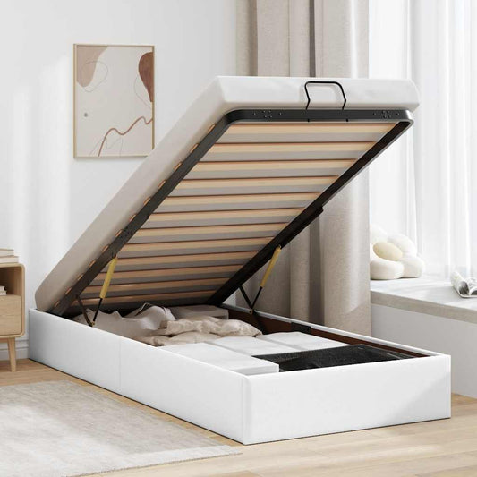 Ottoman Bed Frame without Mattress White Single Faux Leather