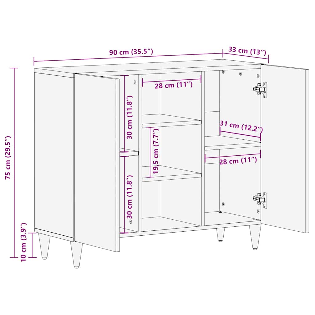 Sideboard with Shelf Black 90 x 33 x 75 cm Solid Mango Wood