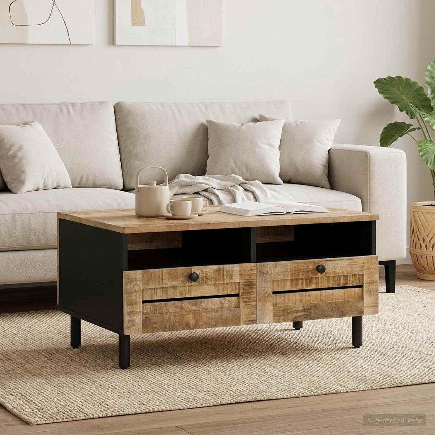 Coffee Table Brown and Black 80 x 54 x 40 cm Solid Mango Wood
