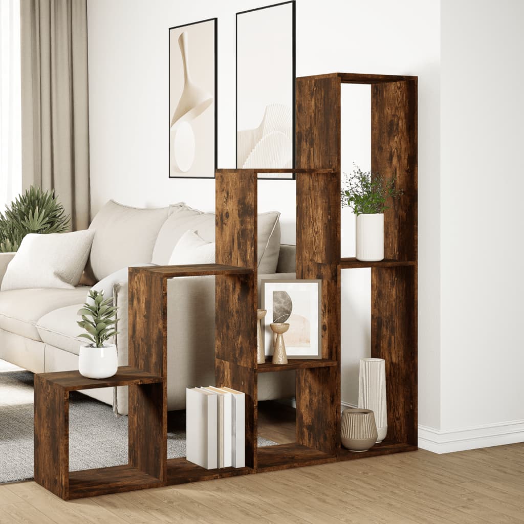 Room Divider Bookcase 4-Tier Smoked Oak 143,5x29x143,5 cm Engineered Wood