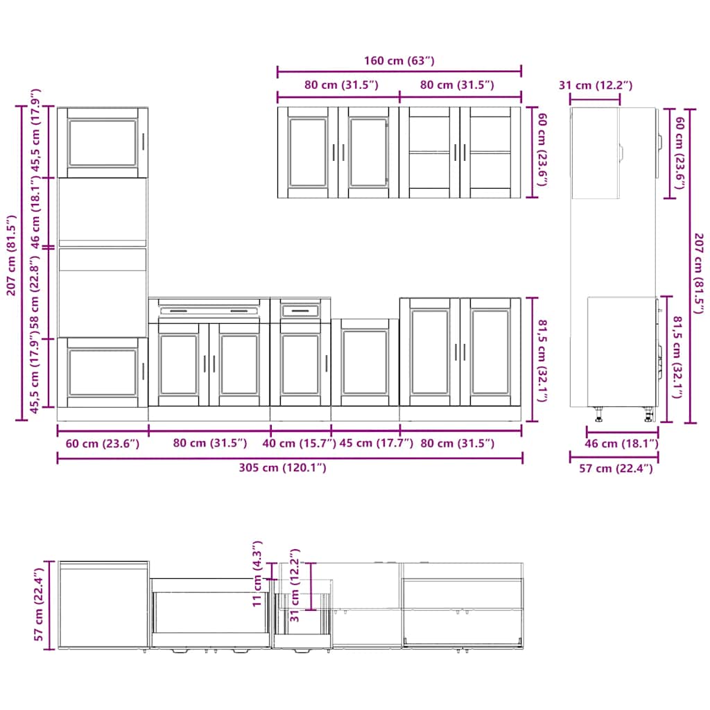 7 Piece Kitchen Cabinet Set Porto Black Engineered Wood