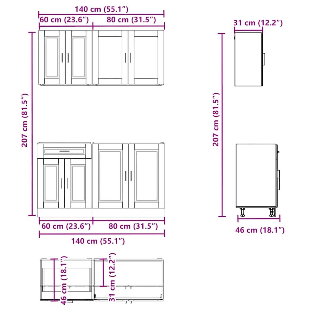 4 Piece Kitchen Cabinet Set Porto Smoked Oak Engineered Wood