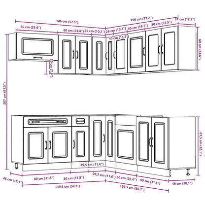 Complete layout of the 11 Piece Kitchen Cabinet Set Kalmar Old Wood Engineered Wood featuring multiple compartments for efficient kitchen organisation.
