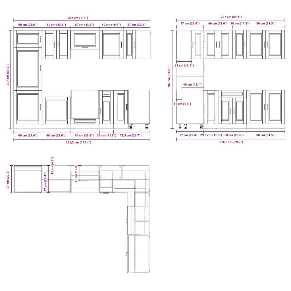 14 Piece Kitchen Cabinet Set Porto Black Engineered Wood