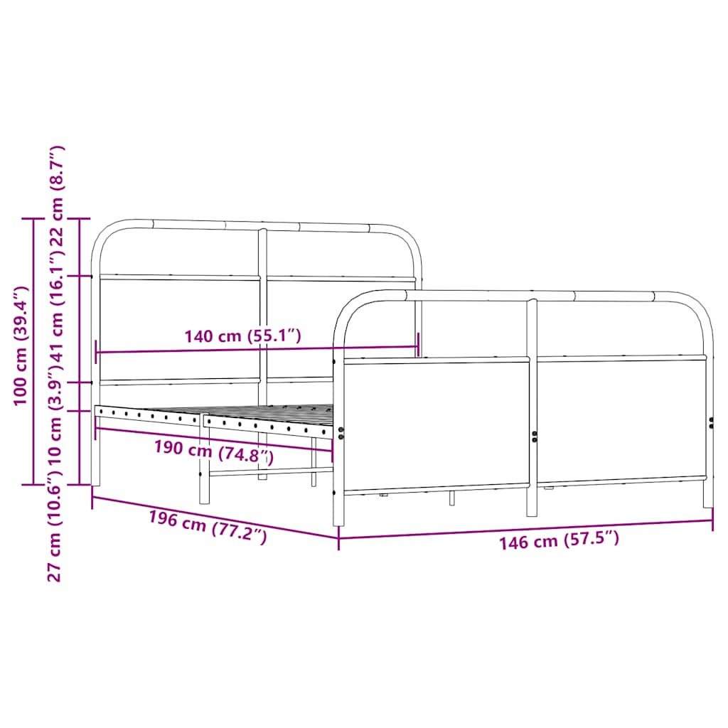Metal Bed Frame without Mattress Sonoma Oak 140x190 cm