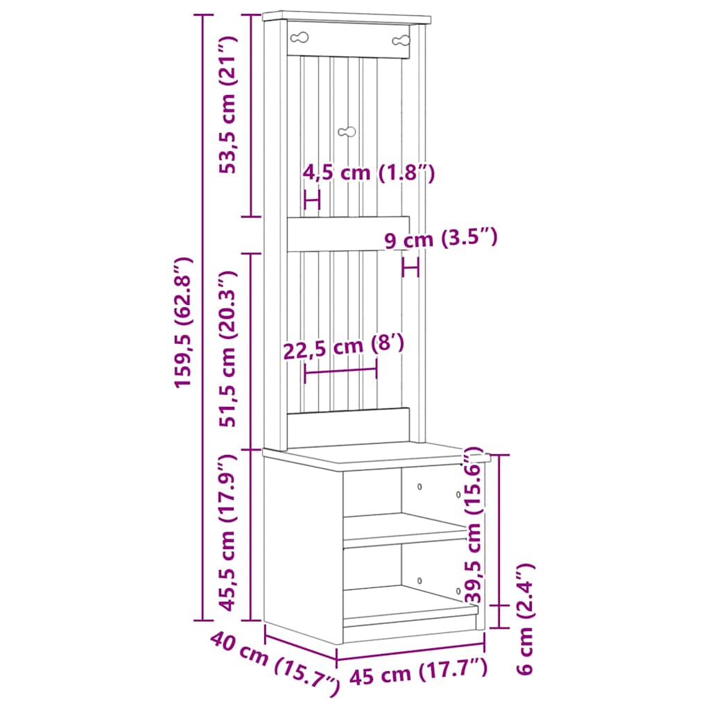 Hall Tree SANDNES 45x40x159.5 cm Solid Wood Pine