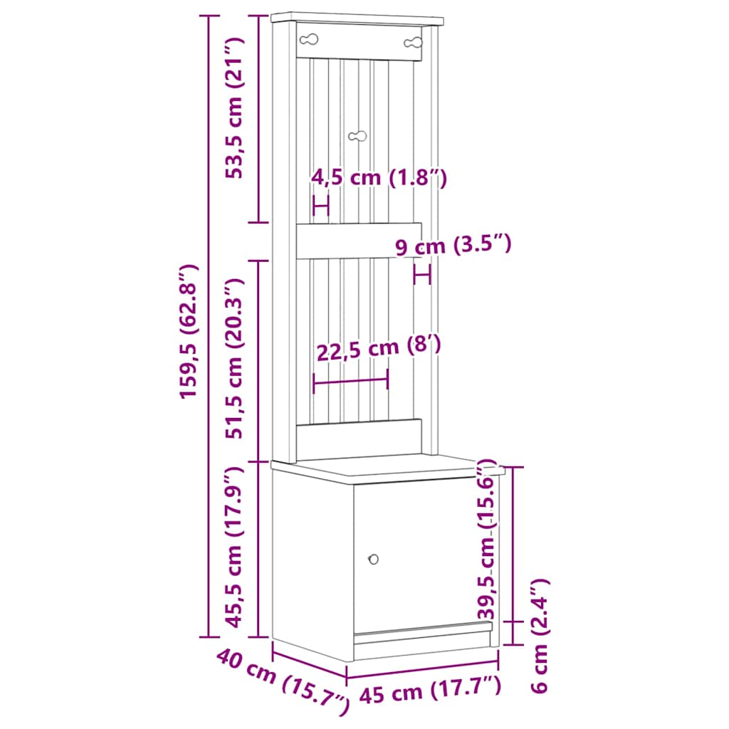 Hall Tree SANDNES 45x40x159.5 cm Solid Wood Pine
