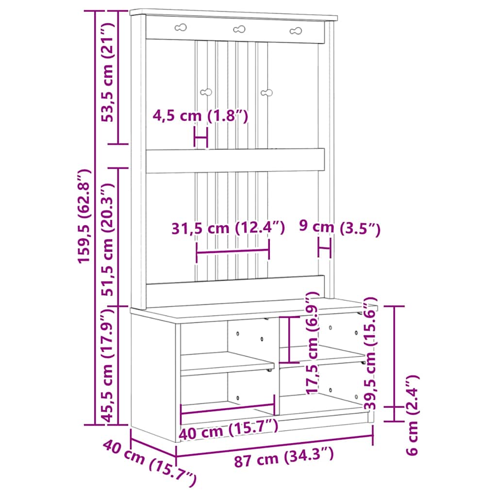 Hall Tree SANDNES 87x40x159.5 cm Solid Wood Pine