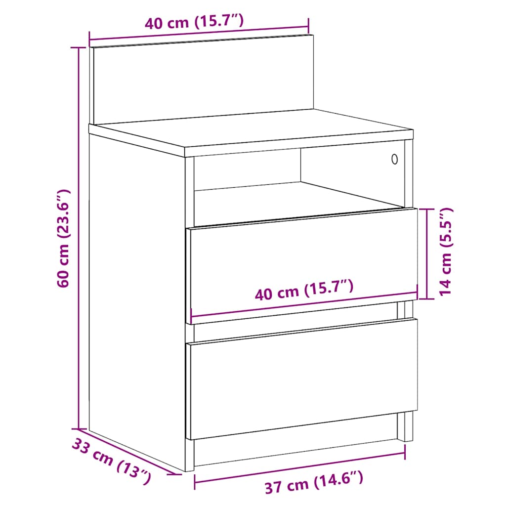 Bedside Cabinet with 2 Drawers Concrete Grey 40x33x60 cm