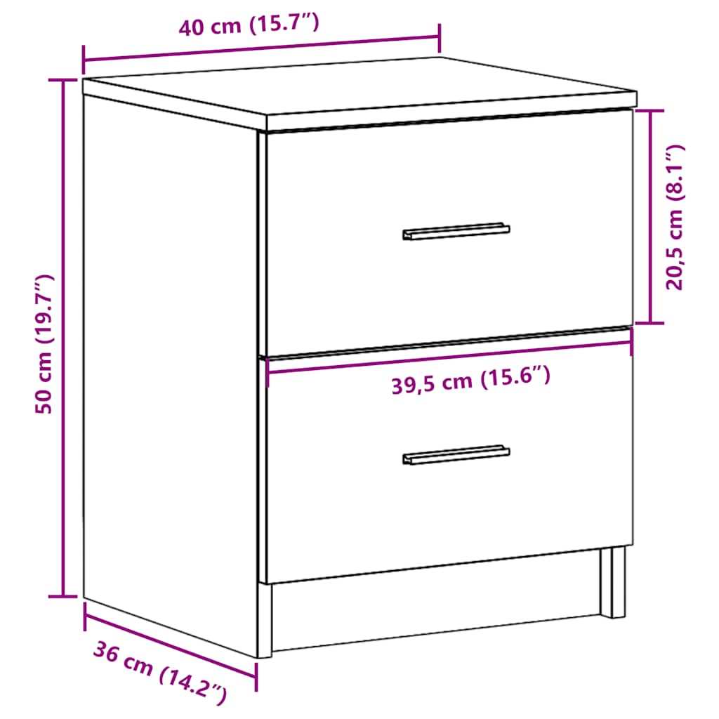 Bedside Cabinet with 2 Drawers Smoked Oak 40x36x50 cm