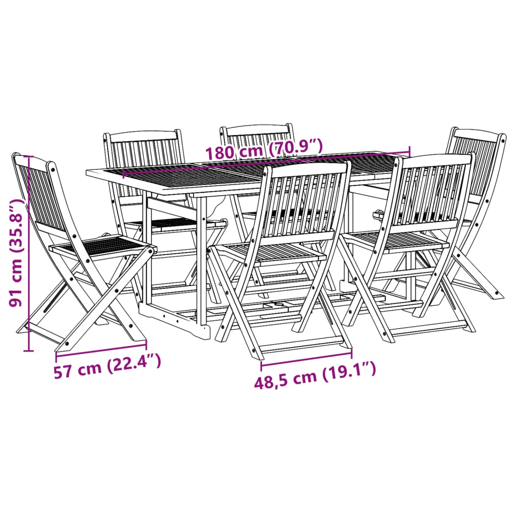 7 Piece Garden Dining Set 180x90x75 cm Solid Wood Acacia