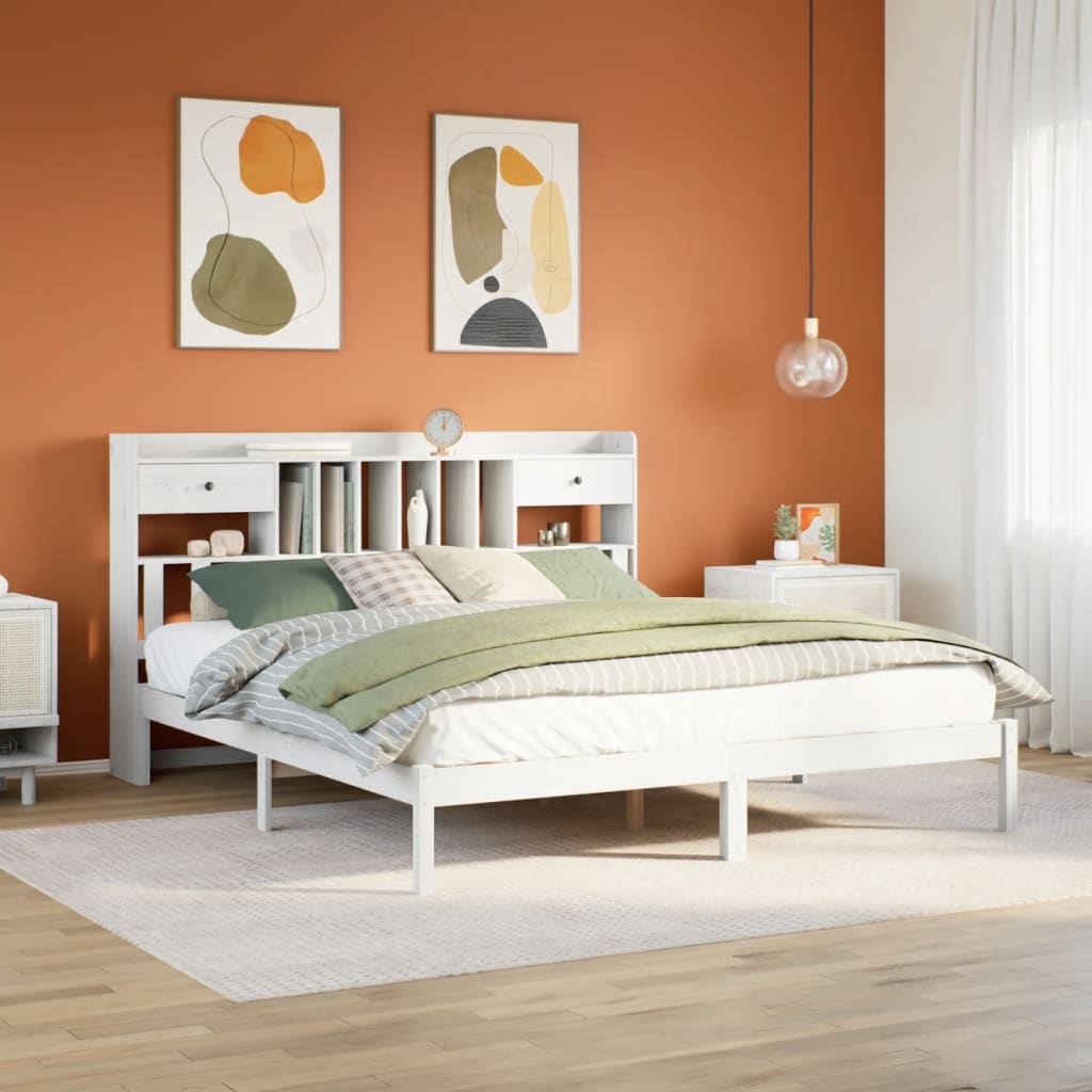 Bookcase Bed without Mattress White 180x200 cm Super King Solid Wood Pine