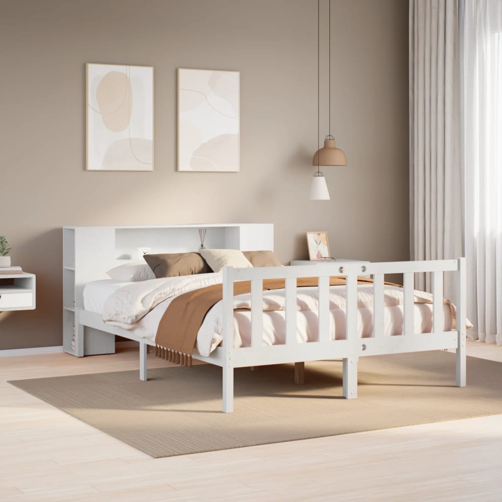 Bookcase Bed without Mattress White 150x200 cm King Solid Wood Pine