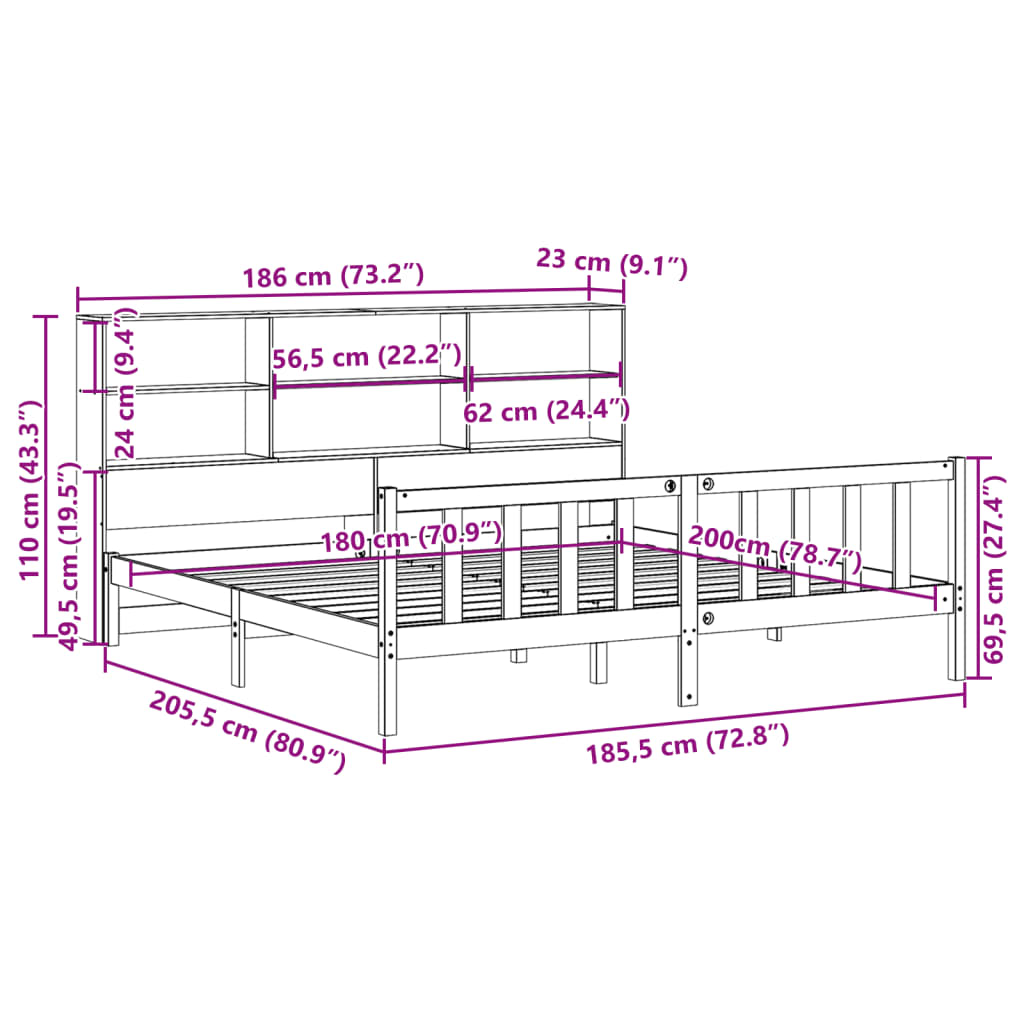 Bookcase Bed without Mattress White 180x200 cm Super King Solid Wood Pine