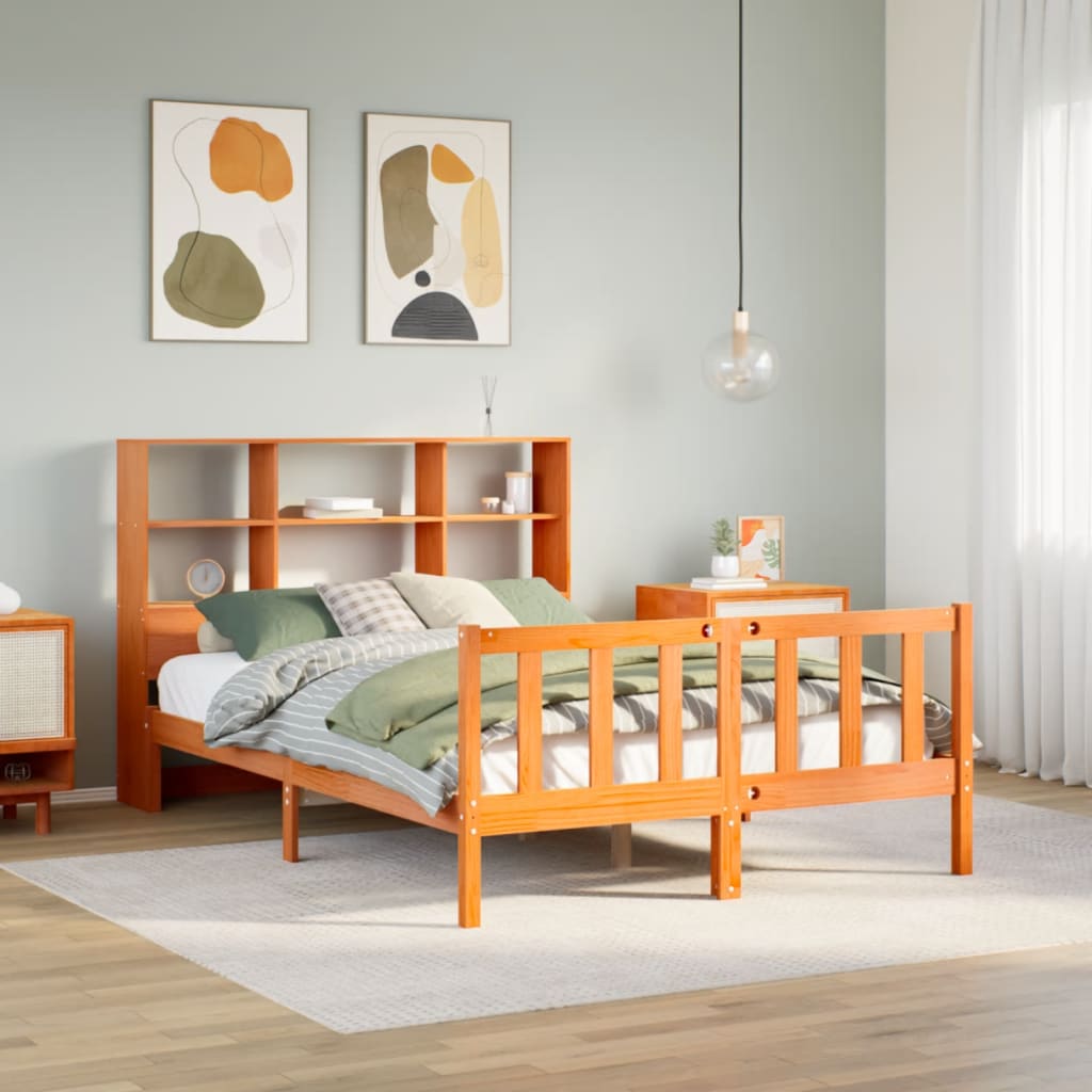Bookcase Bed without Mattress Wax Brown 150x200 cm King Size Solid Wood Pine