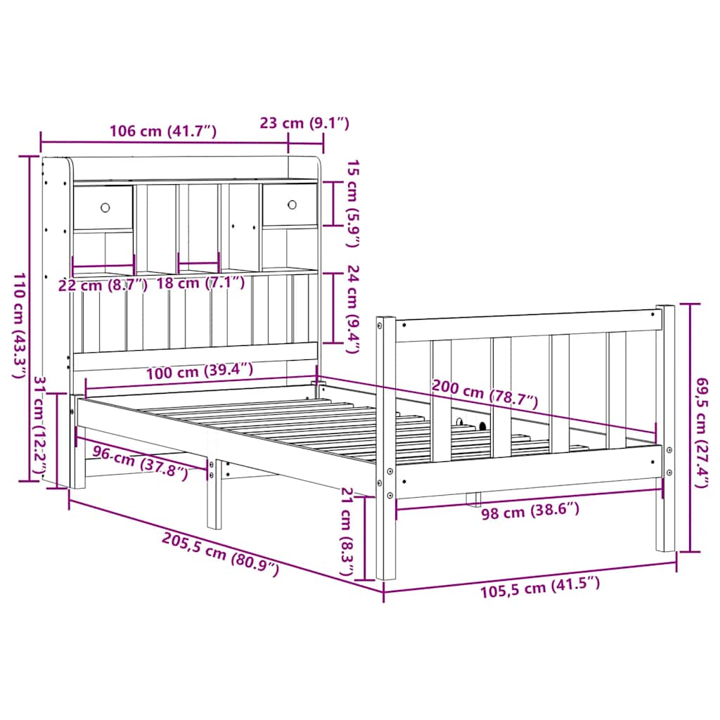 Bookcase Bed without Mattress 100x200 cm Solid Wood Pine