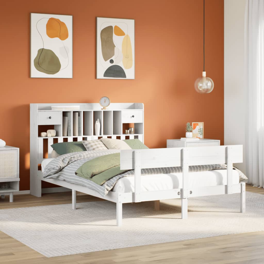 Bookcase Bed without Mattress White 150x200 cm King Solid Wood Pine