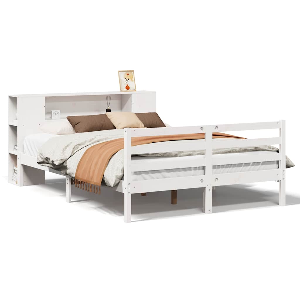 Bookcase Bed without Mattress White 150x200 cm King Size Solid Wood Pine