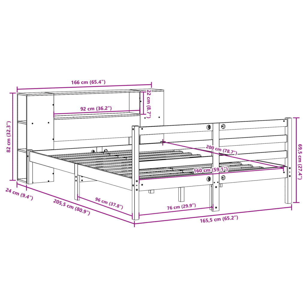 Bookcase Bed without Mattress White 160x200 cm Solid Wood Pine