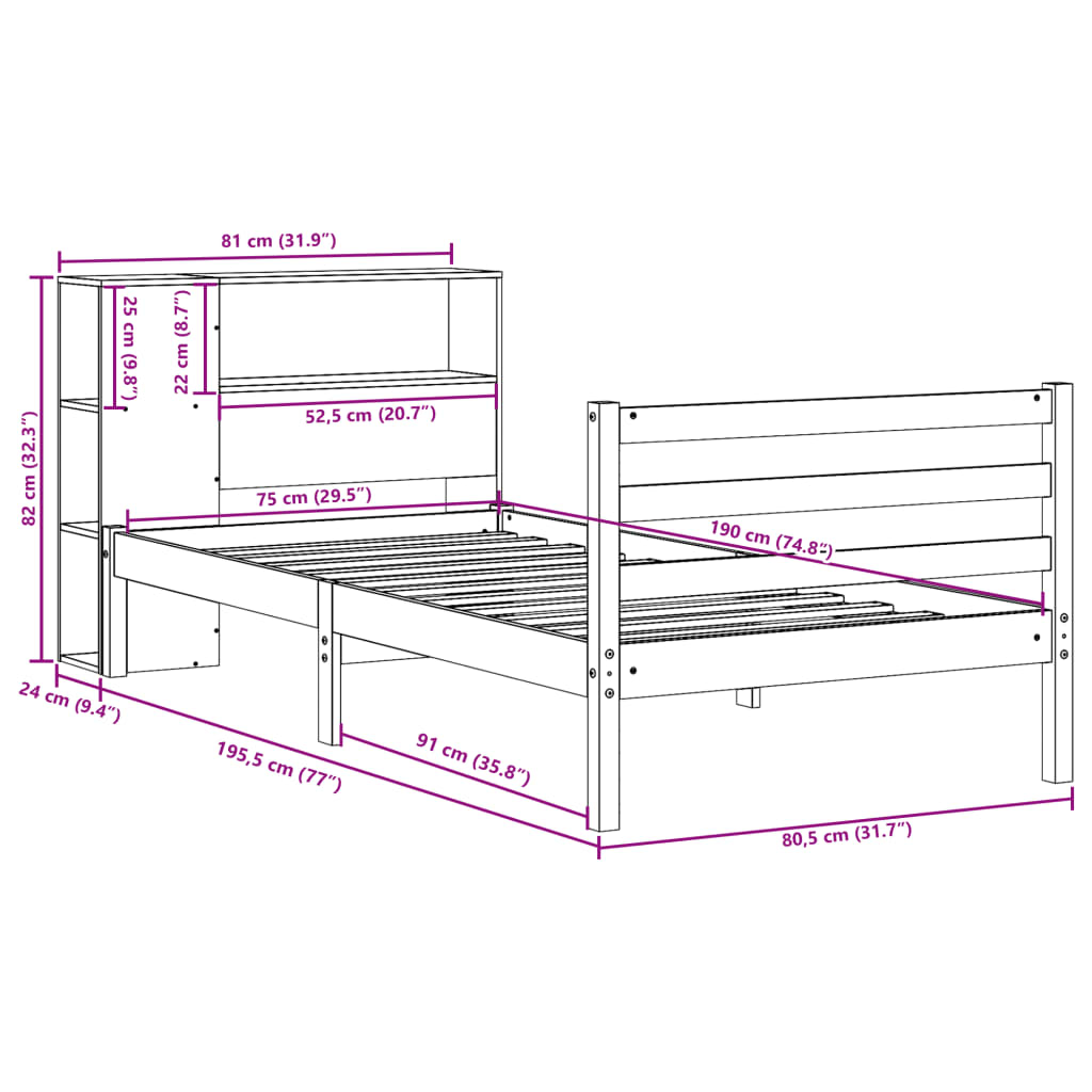 Bookcase Bed without Mattress 75x190 cm Small Single Solid Wood Pine