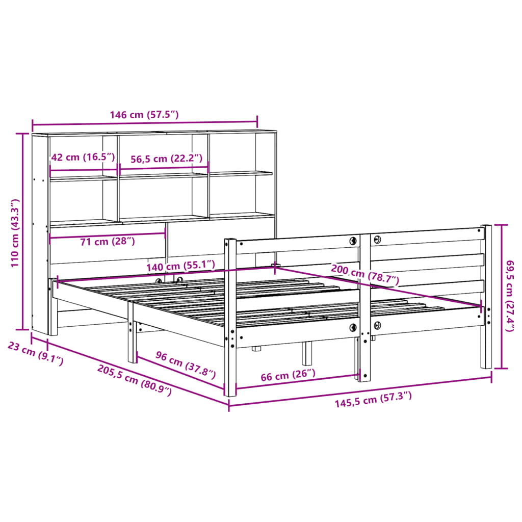 Bookcase Bed without Mattress Wax Brown 140x200 cm Solid Wood