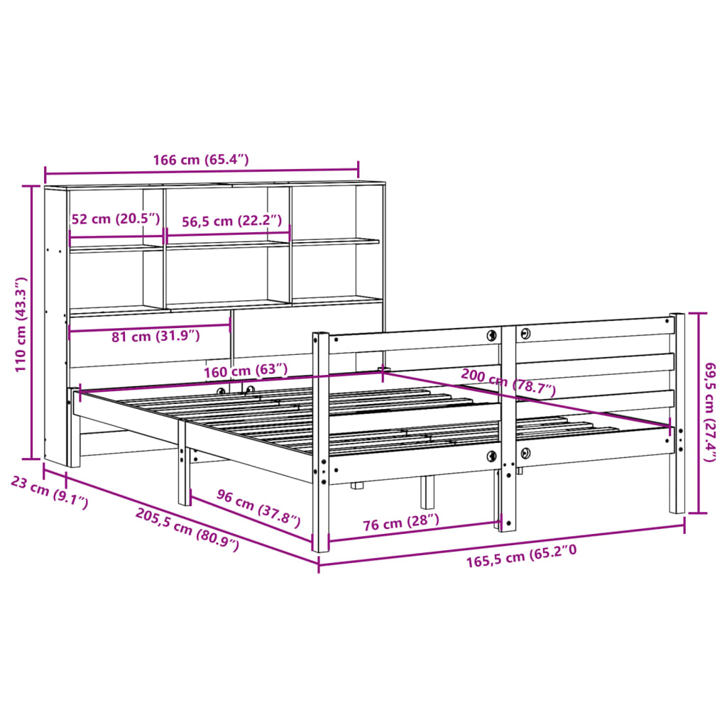 Bookcase Bed without Mattress Wax Brown 160x200 cm Solid Wood