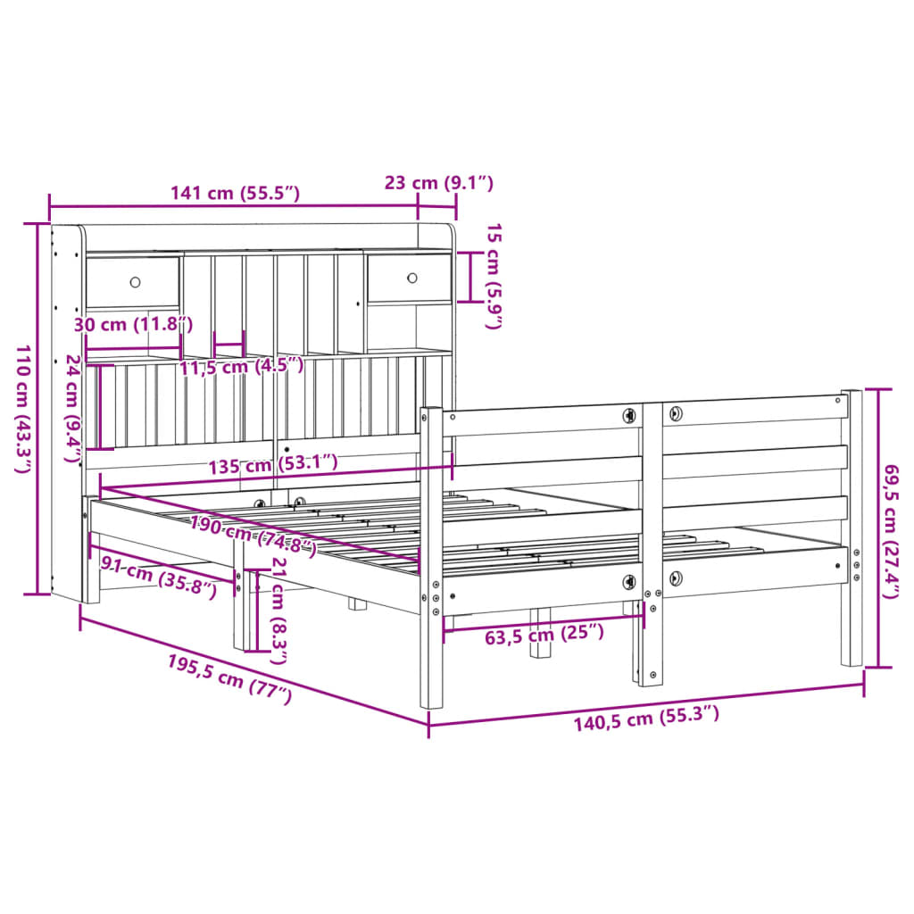 Bookcase Bed without Mattress 135x190 cm Doouble Solid Wood Pine
