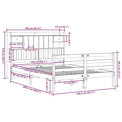 Bookcase Bed without Mattress White 150x200 cm King Size Solid Wood Pine