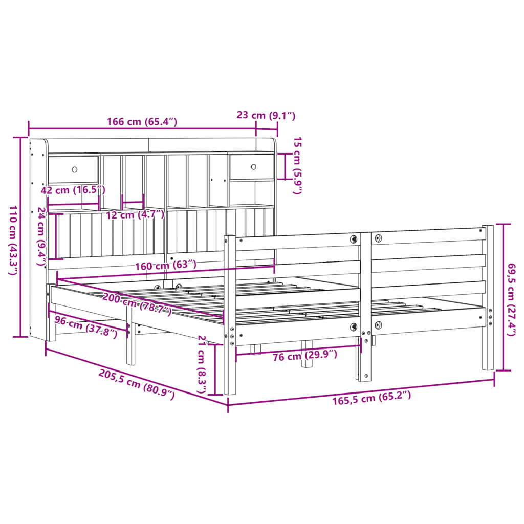 Bookcase Bed without Mattress Wax Brown 160x200cm Solid Wood Pine