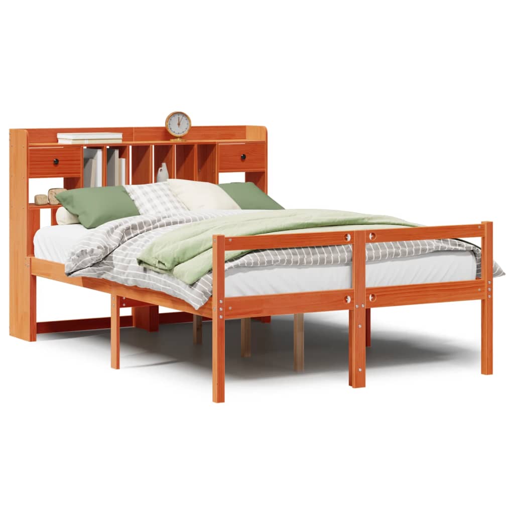 Bookcase Bed without Mattress Wax Brown 150x200 cm King Size Solid Wood Pine