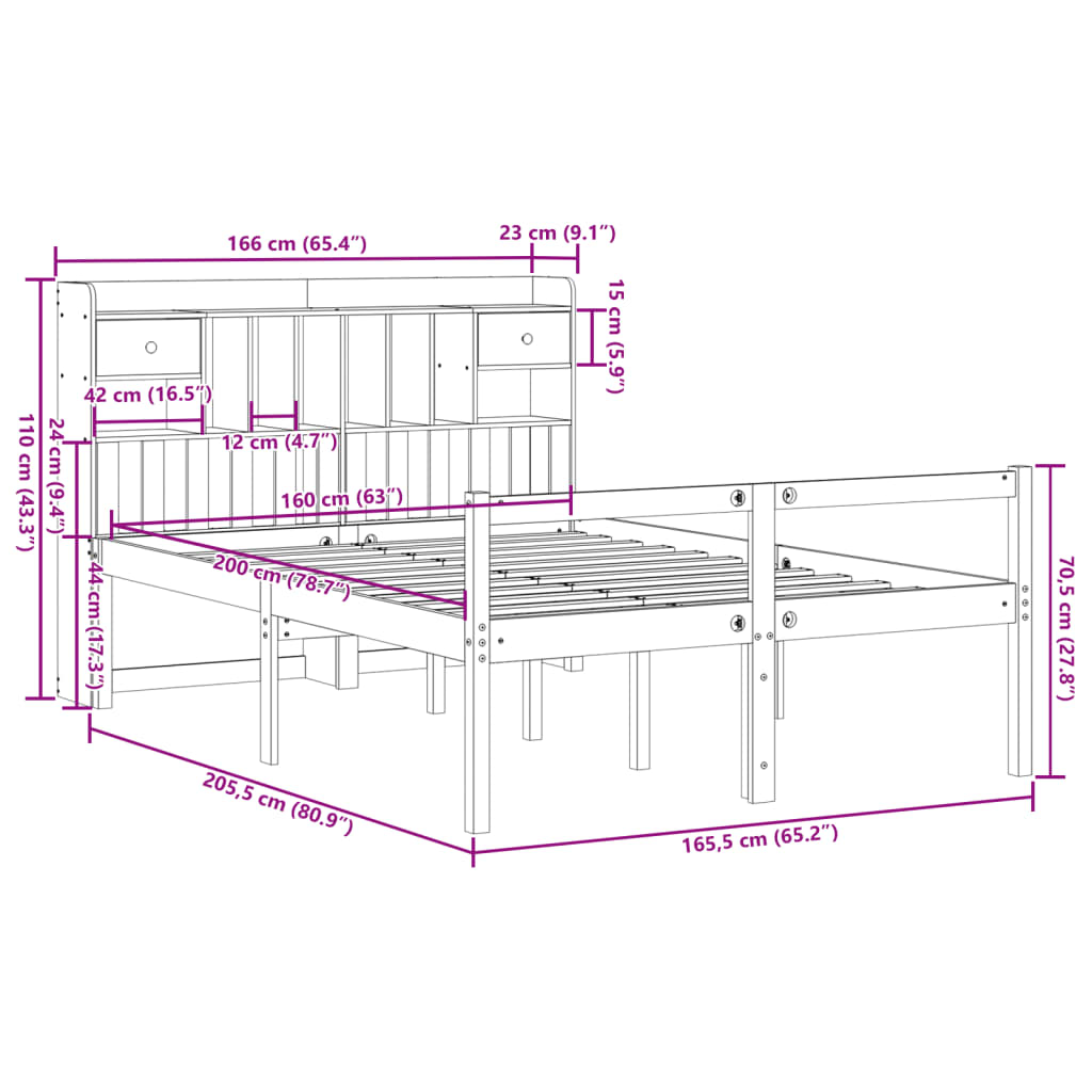 Bookcase Bed without Mattress Wax Brown 160x200cm Solid Wood Pine
