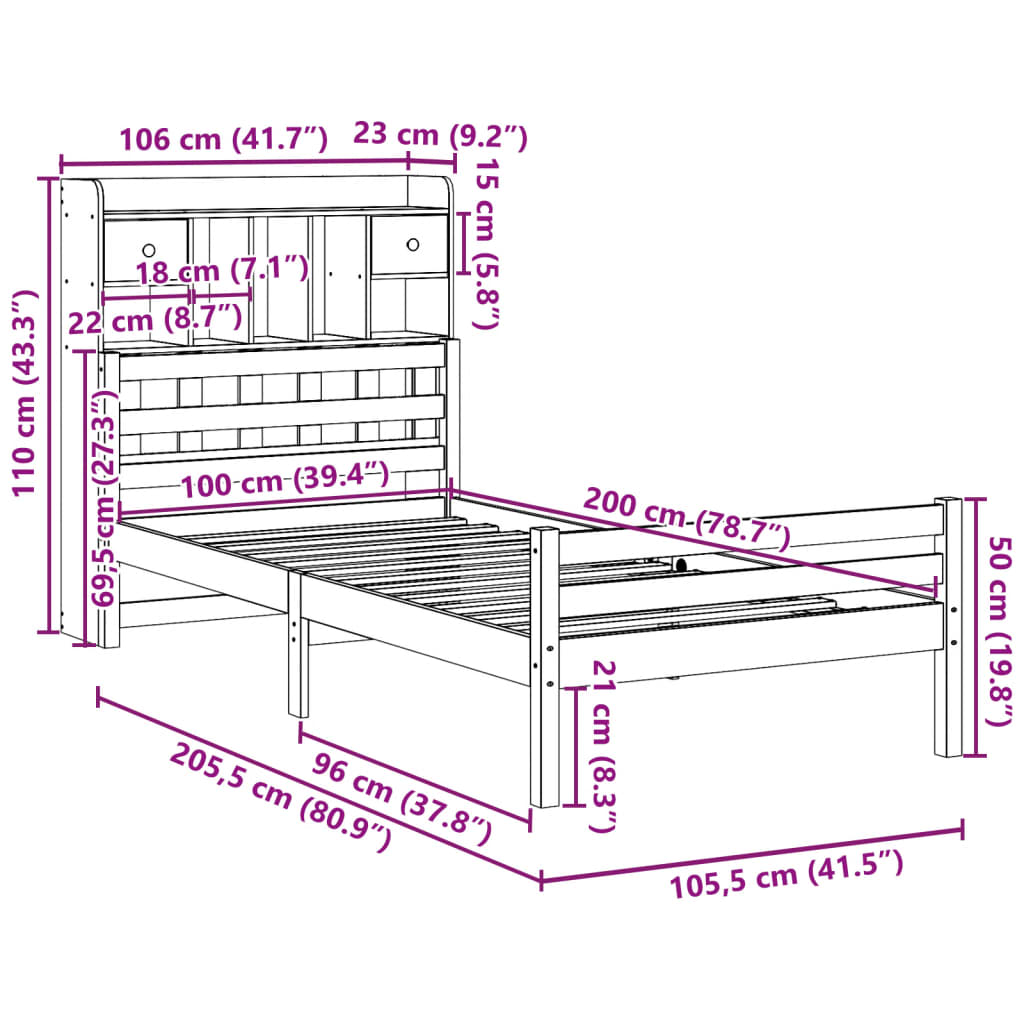 Bookcase Bed without Mattress 100x200cm Solid Wood Pine