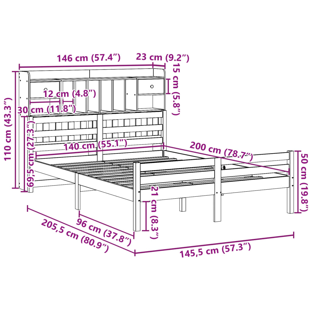 Bookcase Bed without Mattress 140x200cm Solid Wood Pine