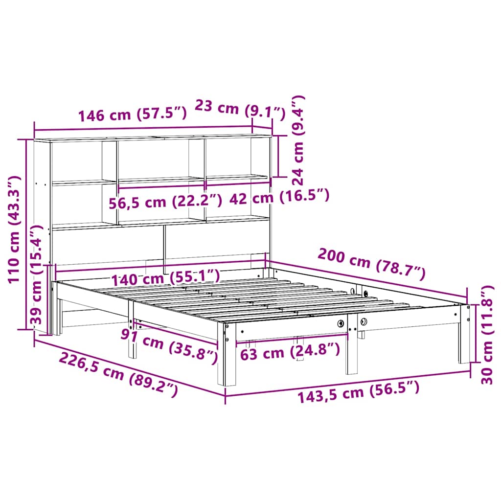 Bookcase Bed without Mattress Wax Brown 140x200cm Solid Wood Pine