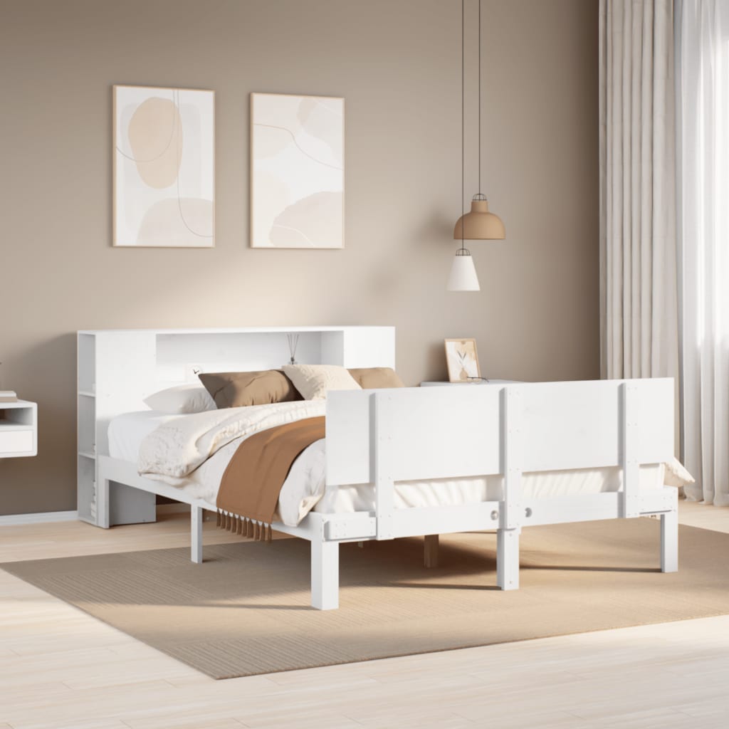Bookcase Bed without Mattress White 150x200 cm King Size Solid Wood Pine