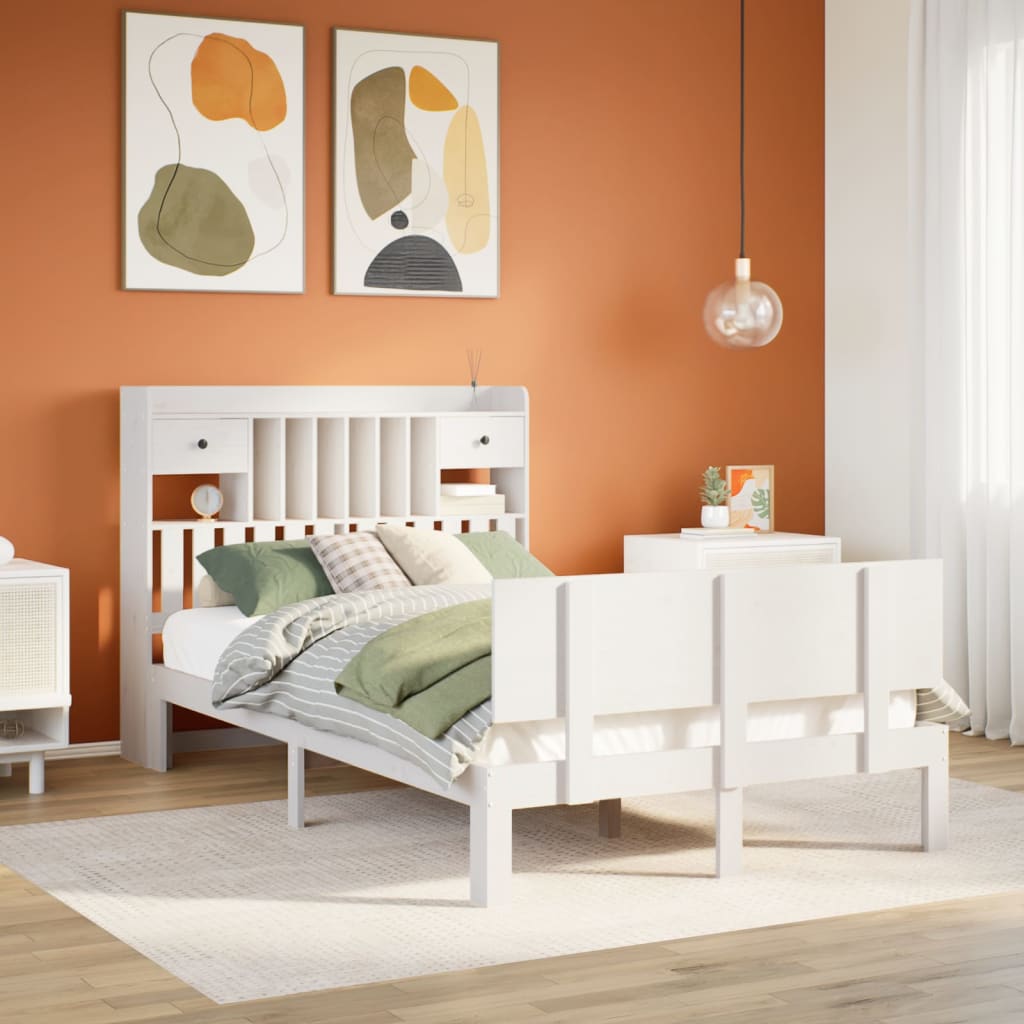 Bookcase Bed without Mattress White 135x190 cm Double Solid Wood Pine