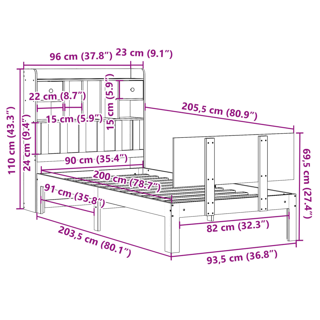 Bookcase Bed without Mattress 90x200cm Solid Wood Pine
